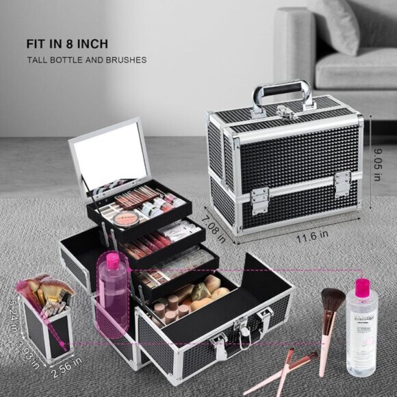 New 11.8In Shiny Black Makeup Case, 3-Tray Lockable Organizer with Mirror & Lid - Picture 2 of 6